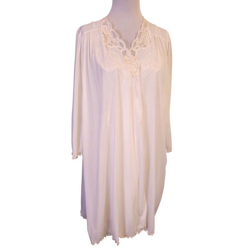 Vintage‎ Miss Elaine White Nylon Peignoir Set Lace Robe & Babydoll Nightgown L